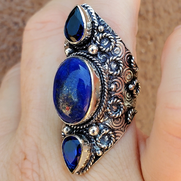 New Lapis Lazuli & Blue Topaz 925 Silver Statement Ring. - Picture 8 of 11